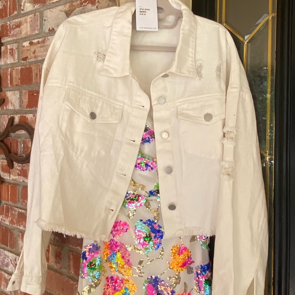 Star Rhinestone Fringe Denim Jacket - White side M - Picture 2 of 10